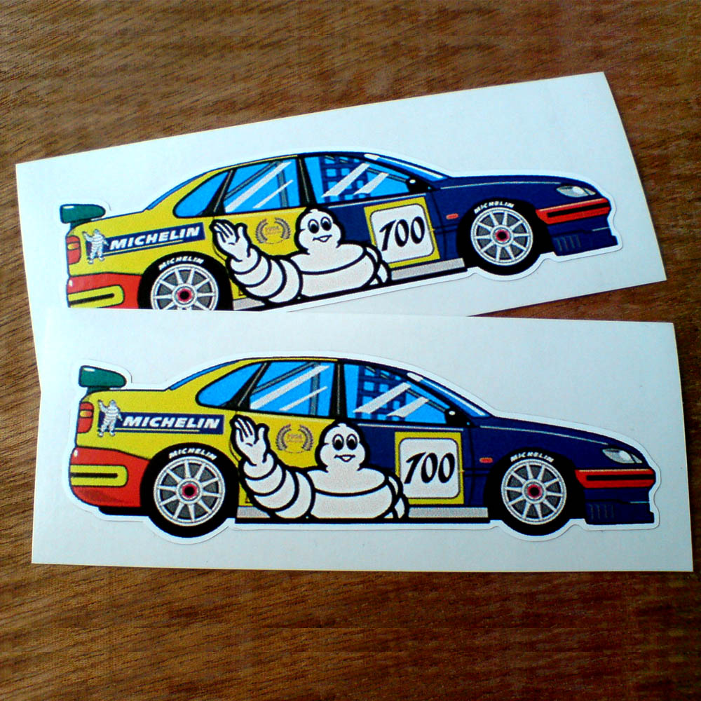 TOURING CAR STICKERS. A side view of a blue, red and yellow touring car with Michelin tyres on the wheels. Michelin Man and lettering and the number 100 are displayed on the doors.