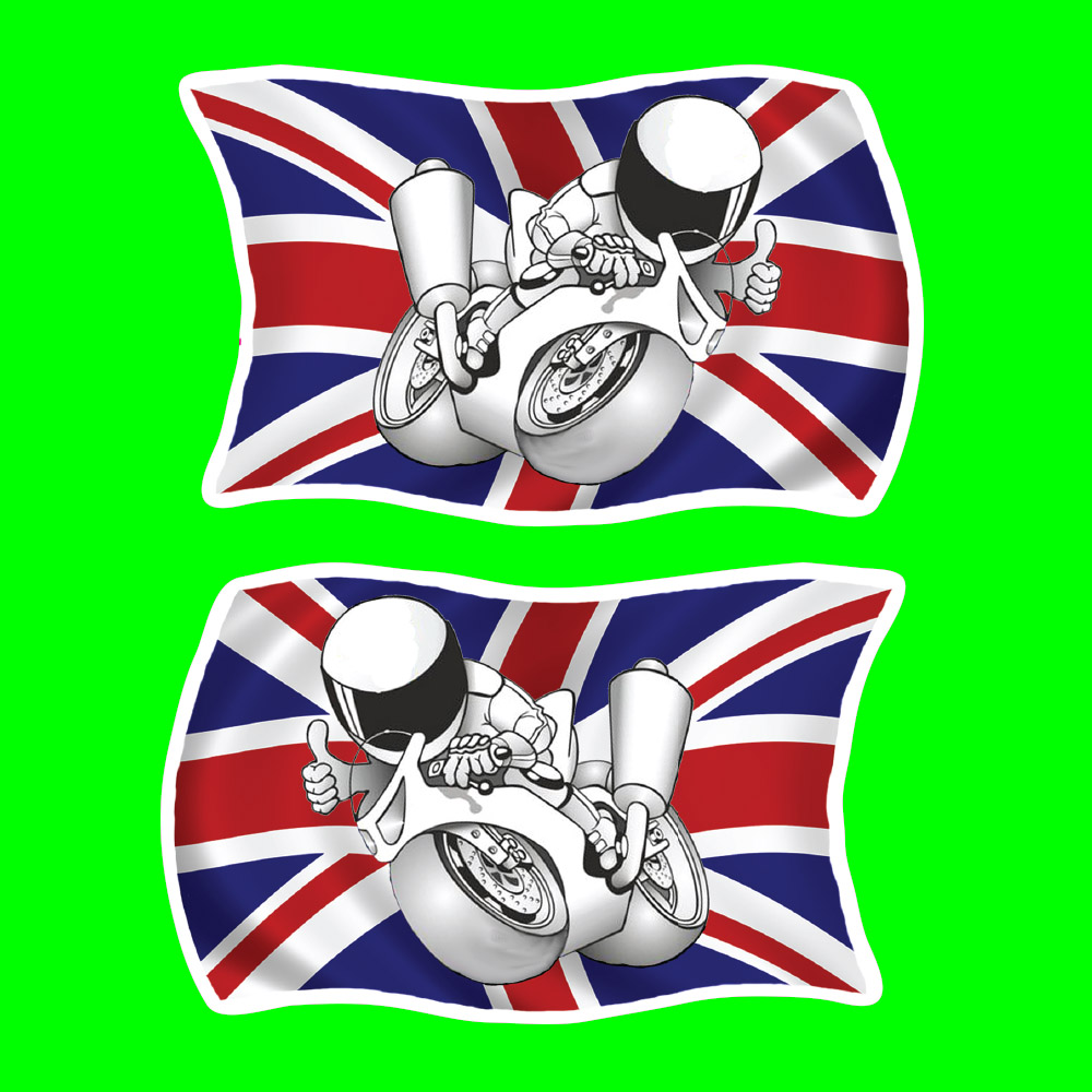 A Union Jack with a man riding a motorbike giving the thumbs up.
