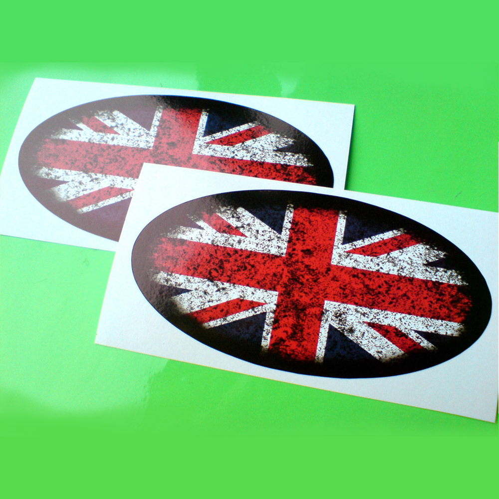 UNION JACK DISTRESSED STICKERS. An oval distressed look Union Jack with a black border.