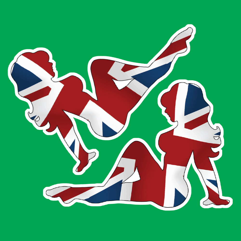 UNION JACK MUDFLAP GIRLS STICKERS. A Union Jack silhouette of a woman with an hourglass body shape, sitting, leaning back on her hands with her hair blowing in the wind.