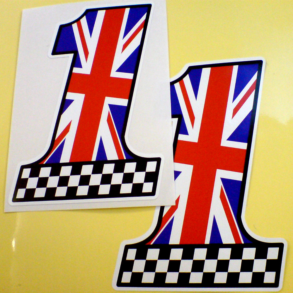 UK UNION JACK CHEQUERED NUMBER 1 STICKERS. A Union Jack number one. The base of the number one is a chequered flag.