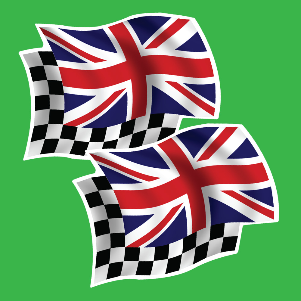 UNION JACK AND CHEQUERED WAVY FLAG STICKERS. A wavy Union Jack overlapping a wavy chequered flag.