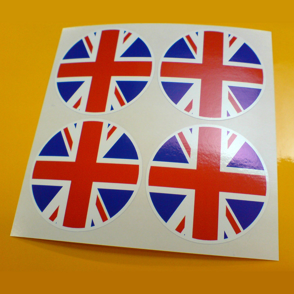 A Union Jack circular shaped sticker.