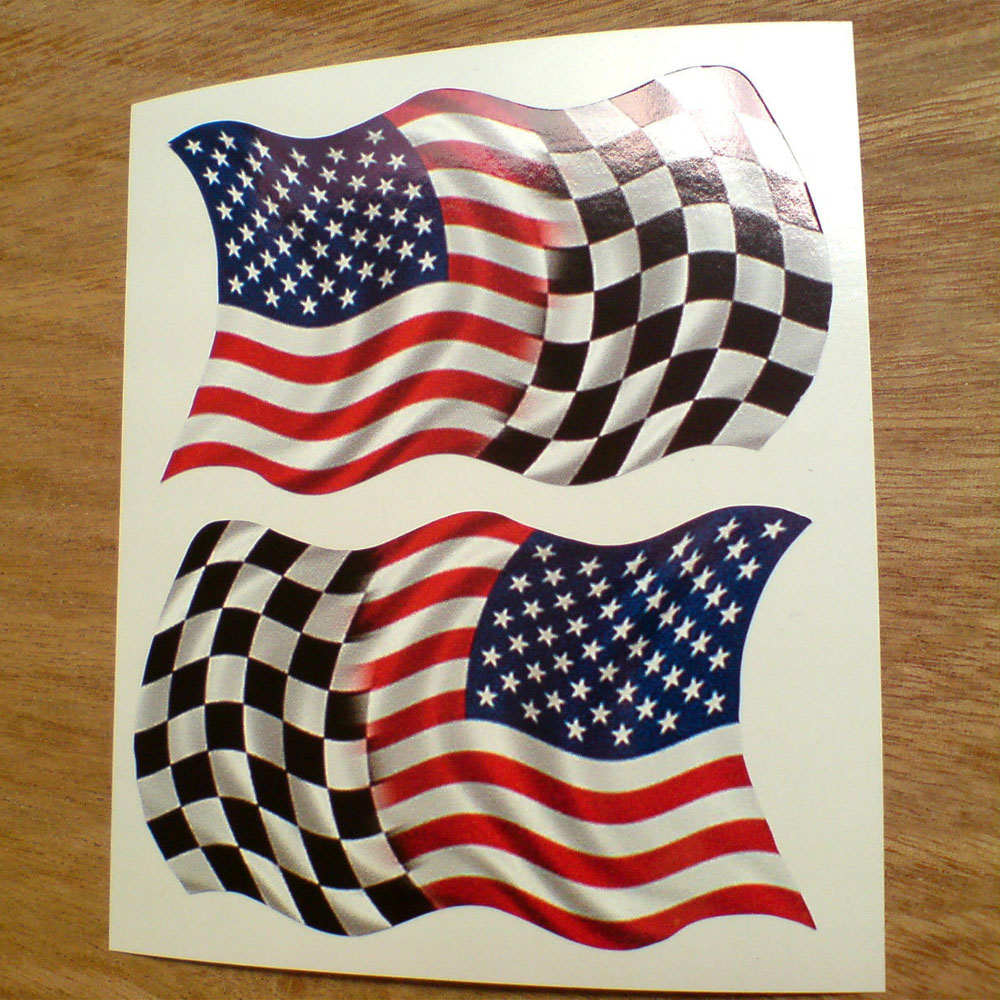 A wavy flag of two halves. A black and white chequered flag and the Stars and Stripes.