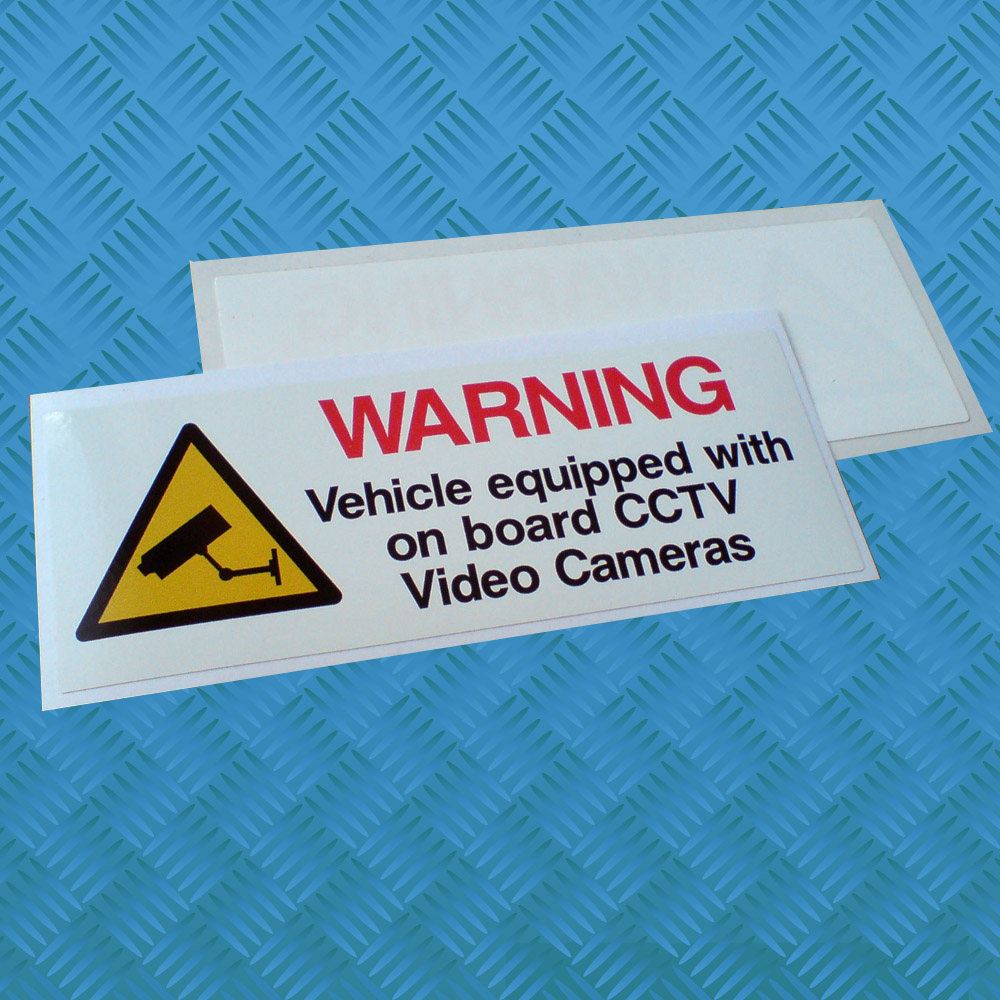 Warning in red uppercase lettering. Vehicle equipped with on board CCTV Video Cameras in black lowercase lettering. Also a yellow and black CCTV triangle on a white background.