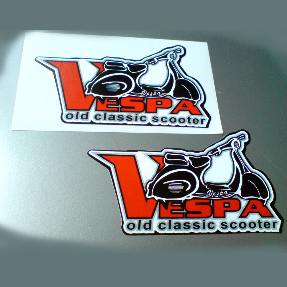 VESPA OLD CLASSIC SCOOTER STICKERS. Vespa in bold red lettering, old classic scooter in black lettering below. A black and white scooter sits on top of the lettering.