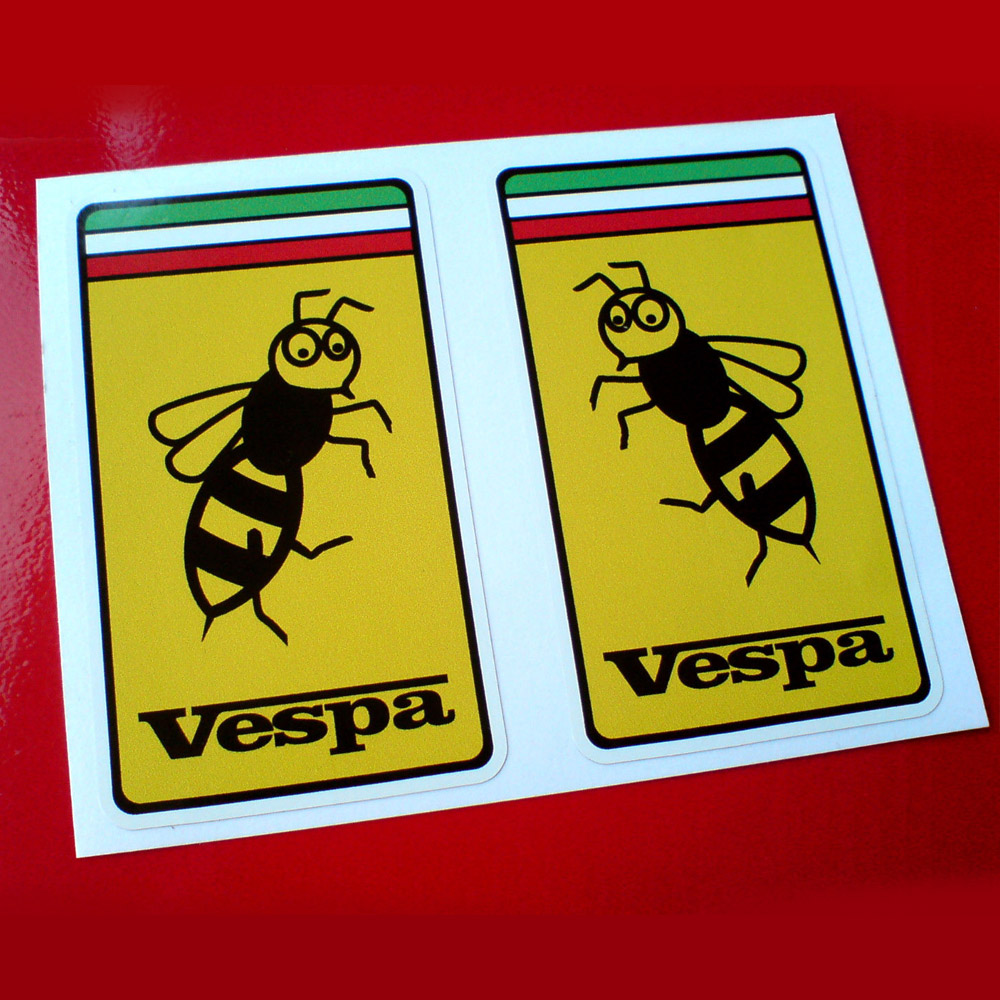 VESPA WASP SCOOTER STICKERS. Vespa in black lettering and the red, white and green tricolour of Italy sit above and below a wasp on a yellow background.
