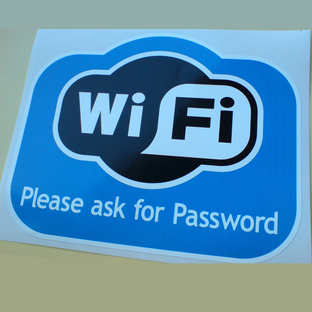 WIFI AVAILABLE HERE STICKER. WiFi in black and white lettering Please ask for Password in white lettering on a blue background.