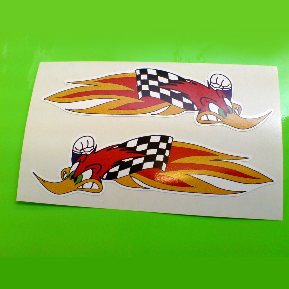WOODPECKER SPEEDING FLAMES STICKERS. A humorous red feathered head of a woodpecker with green eyes and a yellow beak shaking a fist. A black and white chequered flag and red and yellow flames are trailing behind.