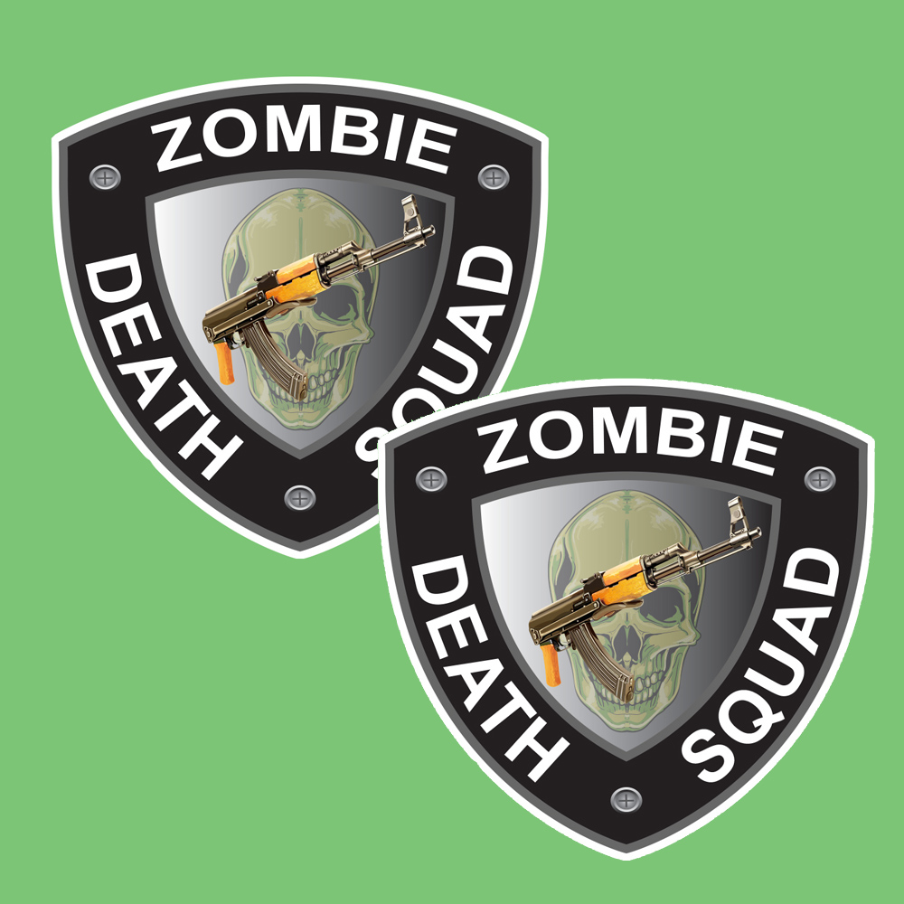 ZOMBIE DEATH SQUAD STICKERS. A shield shaped sticker. Zombie Death Squad in white uppercase lettering on a black border. In the centre a black and yellow gun overlays a green skull.