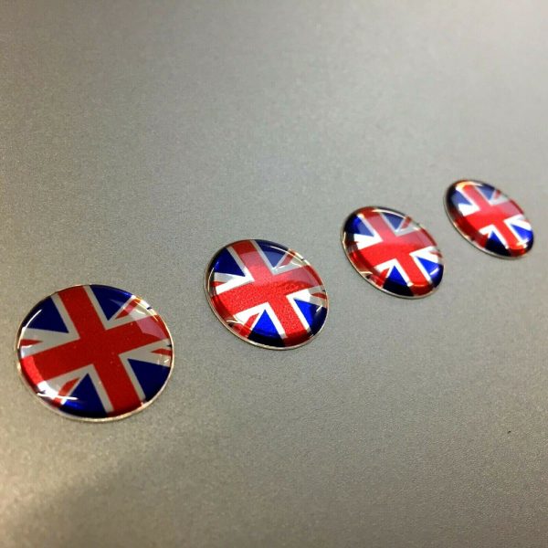 UNION JACK DOMED RESIN GEL STICKERS. Union Jack domed in vibrant red, white and blue. Chrome edged.