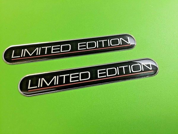 LIMITED EDITION DOMED RESIN GEL STICKERS. Limited Edition in capital letters underlined in red. Left and right hand sides of the sticker are curved.