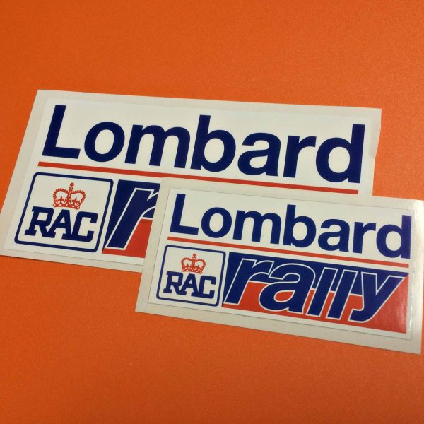 LOMBARD RAC RALLY STICKERS. Lombard in bold lowercase lettering across the top underlined. Rally below right on a rectangular background in two colours. Left of this RAC in capitals with a crown above the A encased in a square.