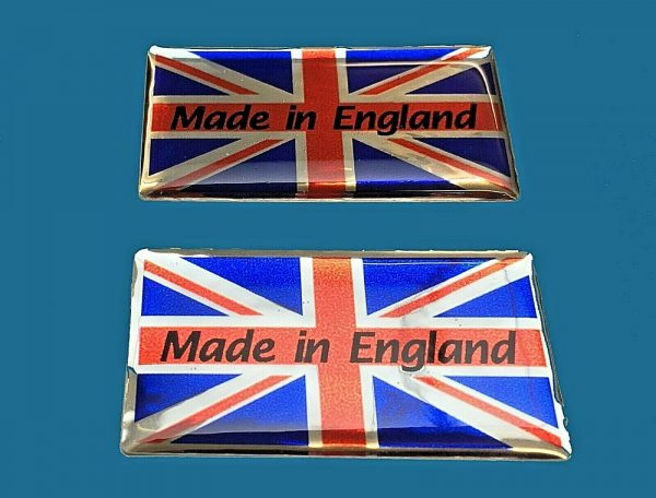 MADE IN ENGLAND UNION JACK STICKERS DOMED RESIN GEL. Union Jack in vibrant red, white and blue. Made in England black lowercase lettering on red across the centre. Chrome effect.