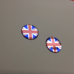 UNION JACK DOMED RESIN GEL STICKERS. Red, white and blue round, domed Union Jack. Chrome effect.