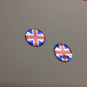 UNION JACK DOMED RESIN GEL STICKERS. Red, white and blue round, domed Union Jack. Chrome effect.