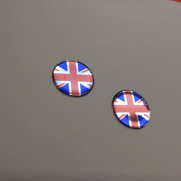 UNION JACK DOMED RESIN GEL STICKERS. Red, white and blue round, domed Union Jack. Chrome effect.