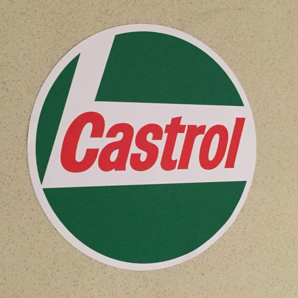 CASTROL OIL CLASSIC STICKERS. Castrol Oil, circular sticker in red, white and green. Castrol bold, red, lowercase lettering on a white L shaped background. White edging. Green background.