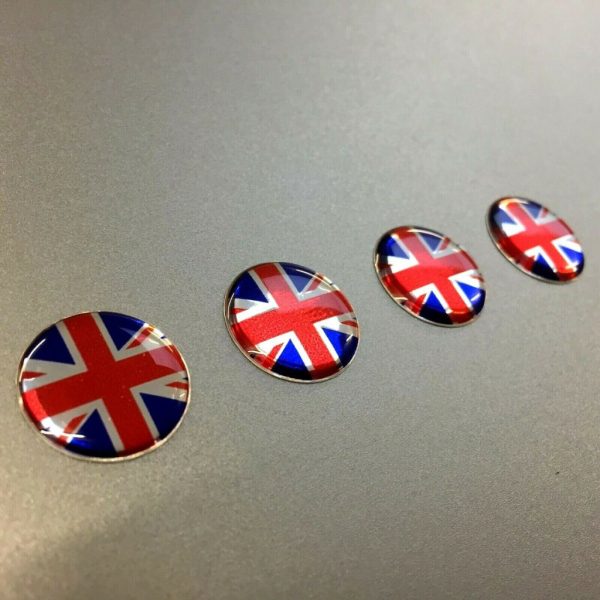UNION JACK DOMED RESIN GEL STICKERS. A vibrant chrome effect Union Jack in red, white and blue.