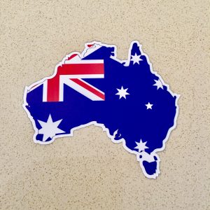 AUSTRALIA FLAG AND MAP STICKER. A map and flag of Australia. Blue with the red, white and blue Union Jack in the upper left and six white stars.