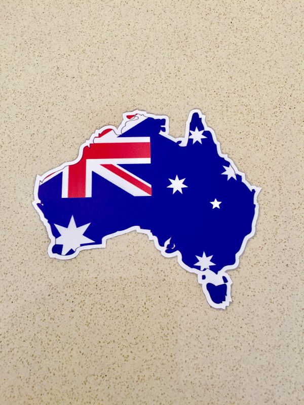 AUSTRALIA FLAG AND MAP STICKER. A map and flag of Australia. Blue with the red, white and blue Union Jack in the upper left and six white stars.