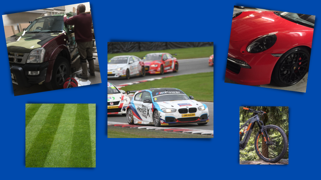 ABOUT US DAVE. A day in the life of Dave. Images of all the things which David likes doing day to day, wrapping vans, riding his mountain bike, watching motor racing and making stripes on his lawn.