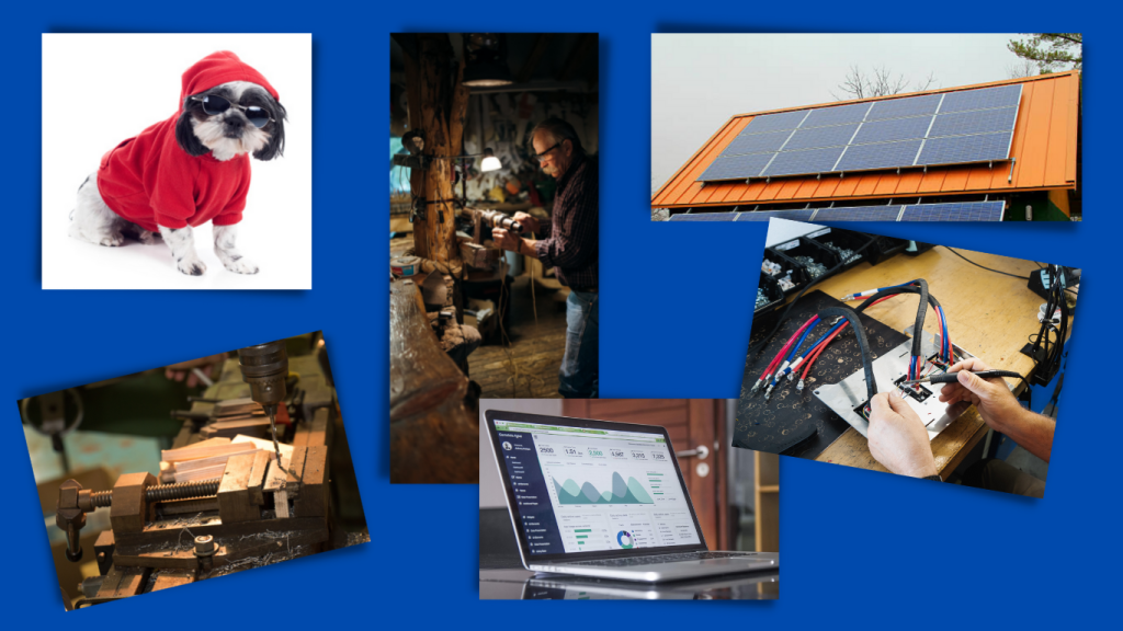 ABOUT US MALC. Blue background, with images of a dog, solar panels on a shed, computers and a workshop. All things which describe Malcs spare time.