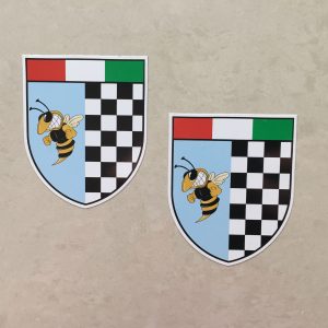 ITALIAN SHIELD VESPA STICKERS. A shield in three sections; Italian tricolour across the top, below black and white chequer and a wasp.