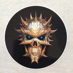 SKULL STICKER. A multi horned skull in hues of brown and white with piercing vibrant blue eyes and sharp teeth. A circular sticker with a black background.