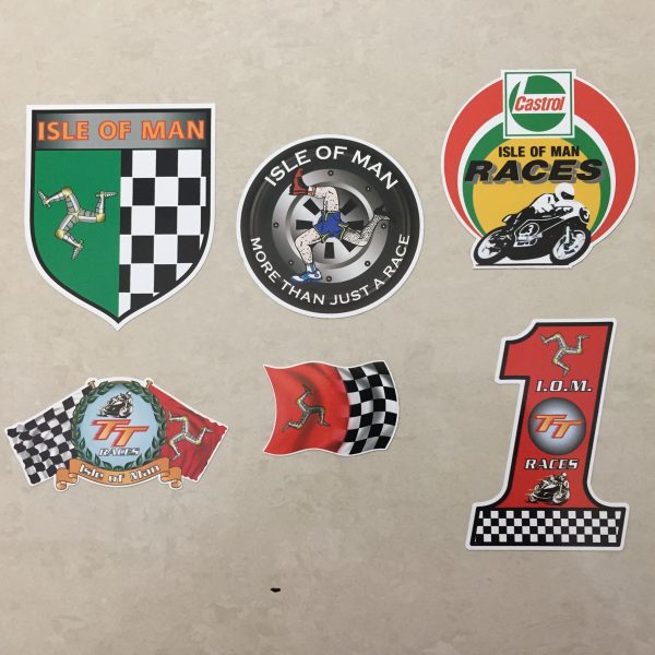 IOM STICKER SET. A selection of IOM TT motorbike racing related stickers.