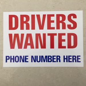 DRIVERS WANTED STICKER. Drivers Wanted in red uppercase lettering Phone Number Here in blue uppercase lettering on a white background.