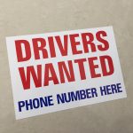 DRIVERS WANTED STICKER. Drivers Wanted in red uppercase lettering Phone Number Here in blue uppercase lettering on a white background.