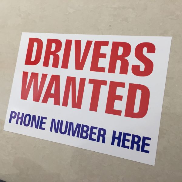 DRIVERS WANTED STICKER. Drivers Wanted in red uppercase lettering Phone Number Here in blue uppercase lettering on a white background.