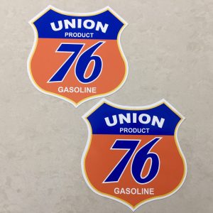 UNION 76 GASOLINE STICKERS. Union Product 76 Gasoline lettering on a blue and orange Route 66 shaped sticker.