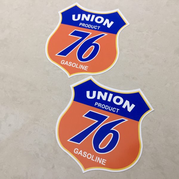Union Product 76 Gasoline lettering on a blue and orange Route 66 shaped sticker.