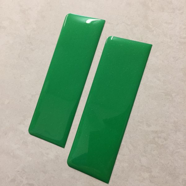 EV GREEN DOMED RESIN GEL NUMBER PLATE STICKERS. Two green columns.