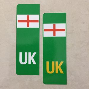 EV STICKERS ENGLAND. Two green columns. UK in white at the base of one column. UK in yellow on the other. Both stickers have the England flag at the top.