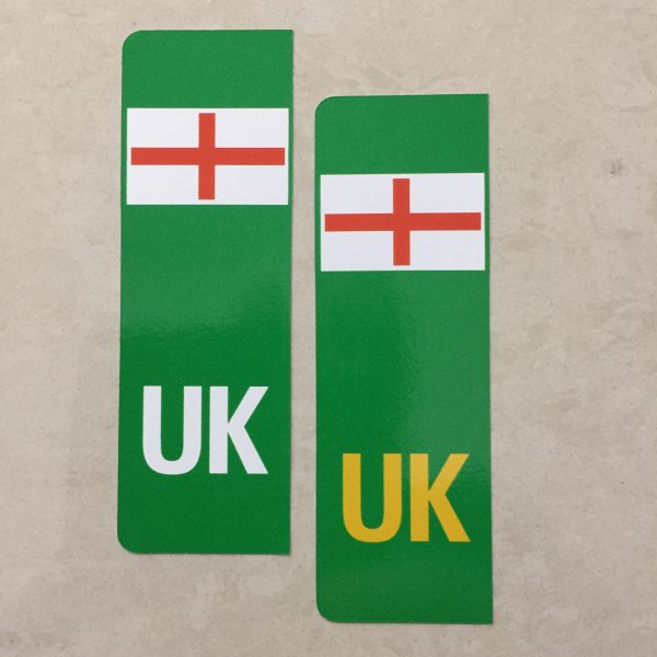 NUMBER PLATE ORIGIN EV STICKERS ENGLAND. Two green columns. UK in white at the base of one column. UK in yellow on the other. Both stickers have the England flag at the top.