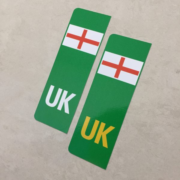 NUMBER PLATE ORIGIN EV STICKERS ENGLAND. Two green columns. UK in white at the base of one column. UK in yellow on the other. Both stickers have the England flag at the top.