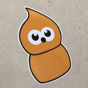 ZINGY FLAME MASCOT STICKER. A humorous sticker. An orange flame with black eyes and a black nose.