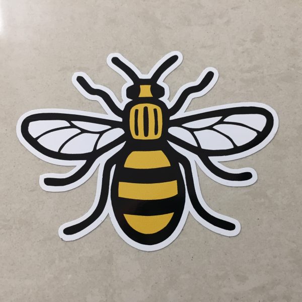 MANCHESTER BEE STICKER. A black and yellow striped bee displaying antennae and wings.