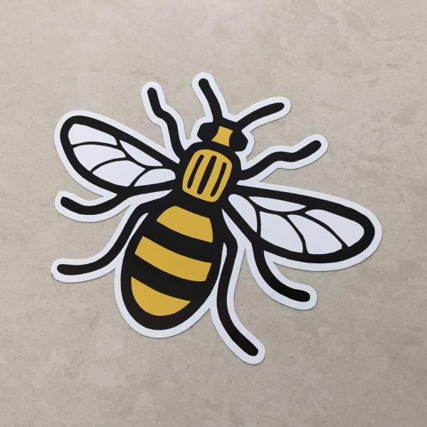 MANCHESTER BEE STICKER. A black and yellow striped bee displaying antennae and wings.