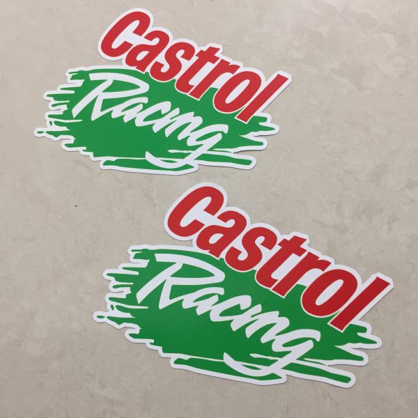 CASTROL RACING OUTLINED STICKERS. A white sticker with a green brush stroke in the centre. Castrol in red and Racing in white lettering overlays this.