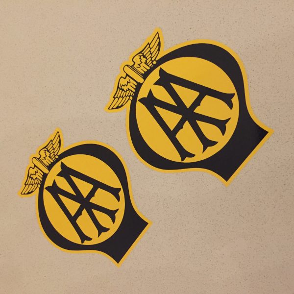 AA OLD STYLE STICKERS. AA in black lettering on a yellow circle within a black balloon shaped sticker. A pair of wings sit on the top.