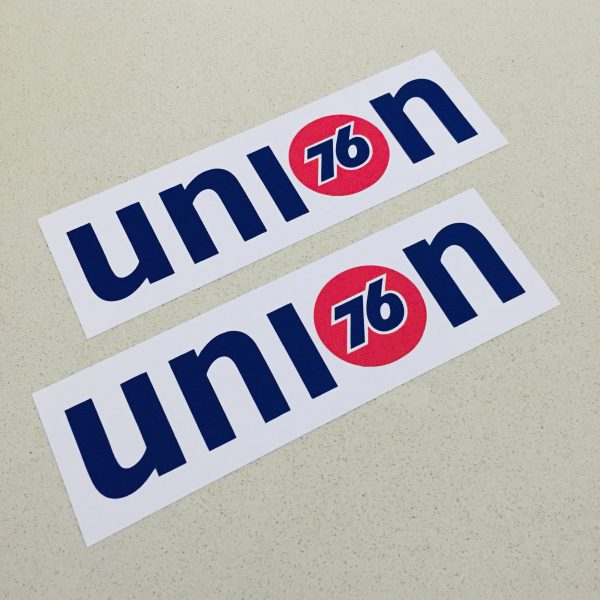UNION 76 STICKERS. Union 76 on a white rectangular sticker. The letters u, n and i are blue and lowercase. The letter o is replaced with the 76 logo - the number 76 in blue in the centre of a red orange ball.