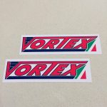 VORTEX RACING ENGINES STICKERS. Vortex in red uppercase lettering underlined in blue with the red, white and green colours of the Italian flag next to the X.