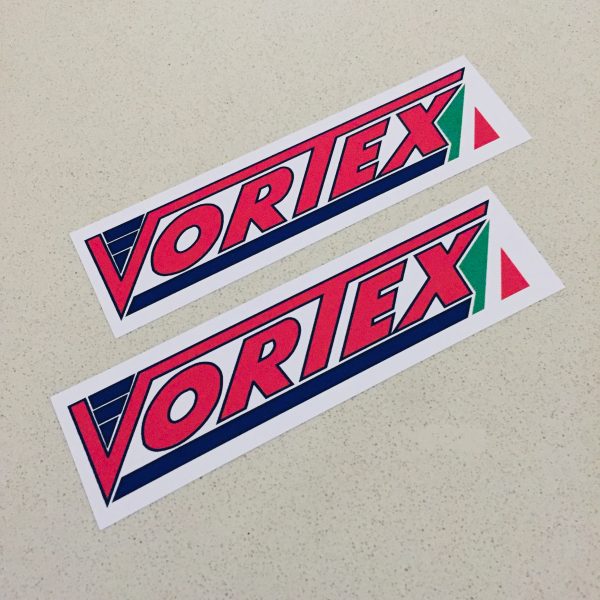 VORTEX KART RACING ENGINES STICKERS. Vortex in red uppercase lettering underlined in blue with the red, white and green colours of the Italian flag next to the X.