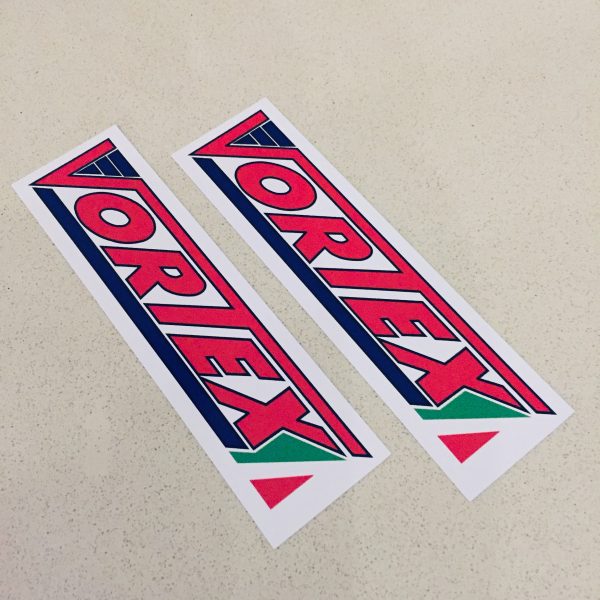 VORTEX KART RACING ENGINES STICKERS. Vortex in red uppercase lettering underlined in blue with the red, white and green colours of the Italian flag next to the X.