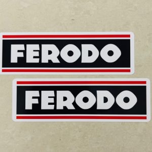 FERODO STICKERS. Ferodo in white uppercase lettering on a black background with a red and white border.
