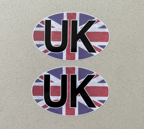 UK STICKER FOR MOTORBIKES Black letters UK with white outline on a union jack background.